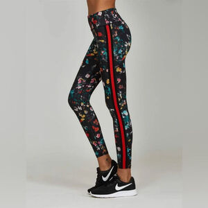 NOLI Floral Black Line Race Stripe High Waisted Ankle Crop Leggings | Black Red